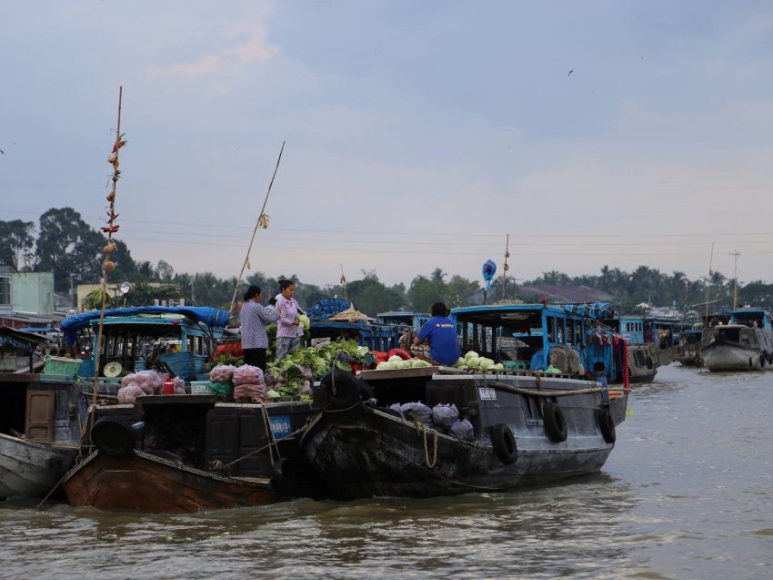 Những cây bẹo treo cao mời gọi du khách trên chợ nổi Cái Bè